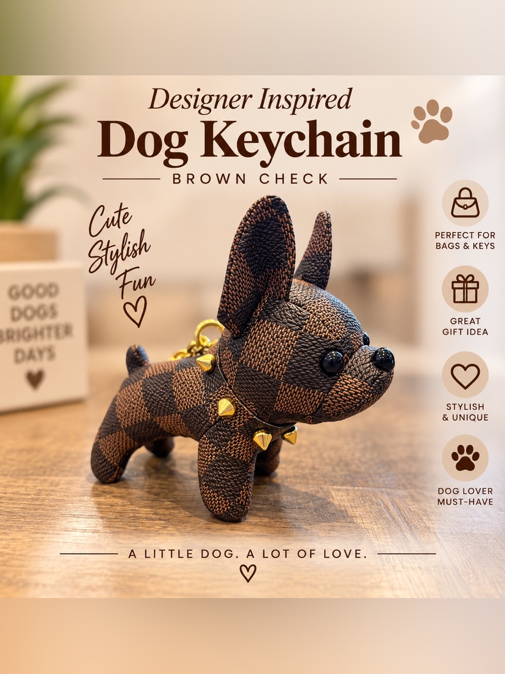 French Bulldog Checkered Bag Charm Keychain Brown Gold Stud Collar (NWOT)